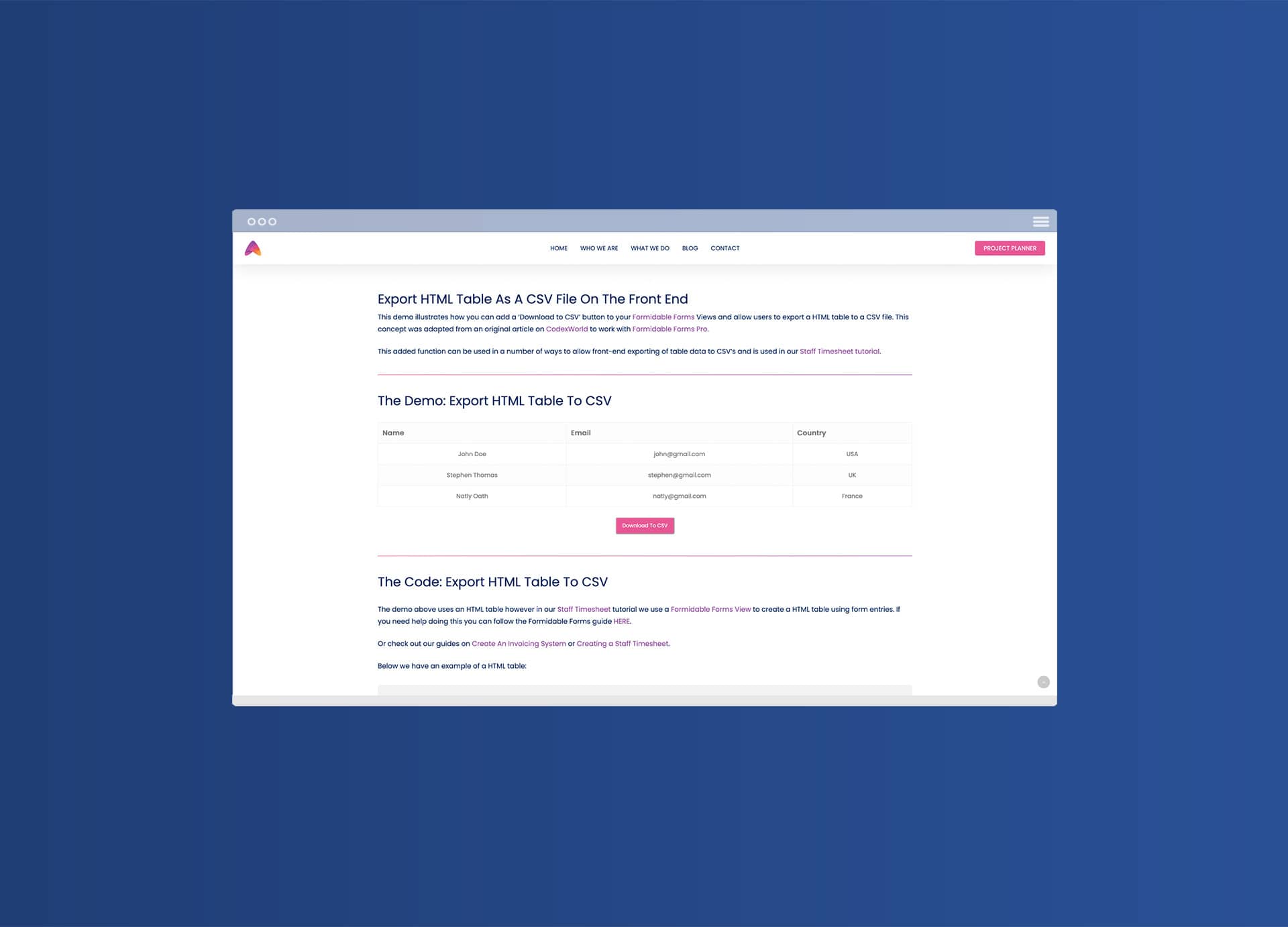 Export HTML table to CSV Formidable Forms FDM Digital